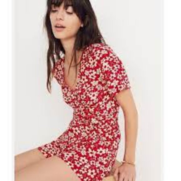 Madewell Wrap-Front Romper in Mini Daisy short sleeve women red white  size 12 - Picture 3 of 10